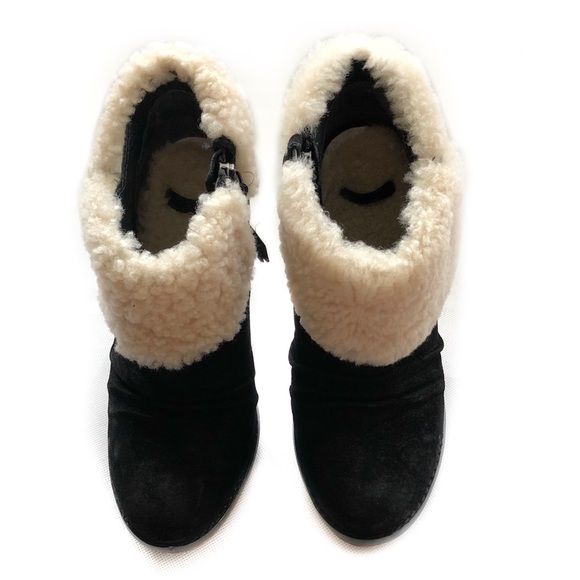 UGG Suede + Fur Slouch Platform Heel Ankle Bootie - Picture 3 of 7